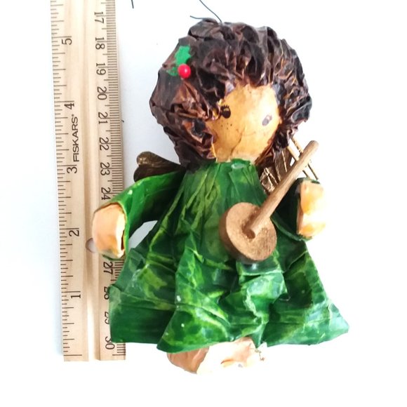 Ornament Angel VTG Christmas Paper Mache Handmade Decoupage Holly Instrument Fun - Picture 7 of 7